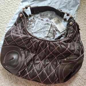 Vintage Juicy Couture Leather Handbag Satchel Y2K Brown Gold Hardware Zip Medal